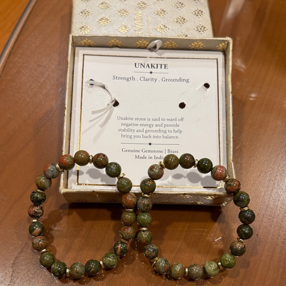 Unakite Gemstone Bracelet Set with Brass Accents